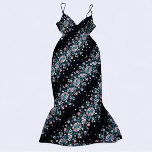 Diane Von Furstenberg Black Maxi Slip Dress with Pink & Teal Floral Print sz 10